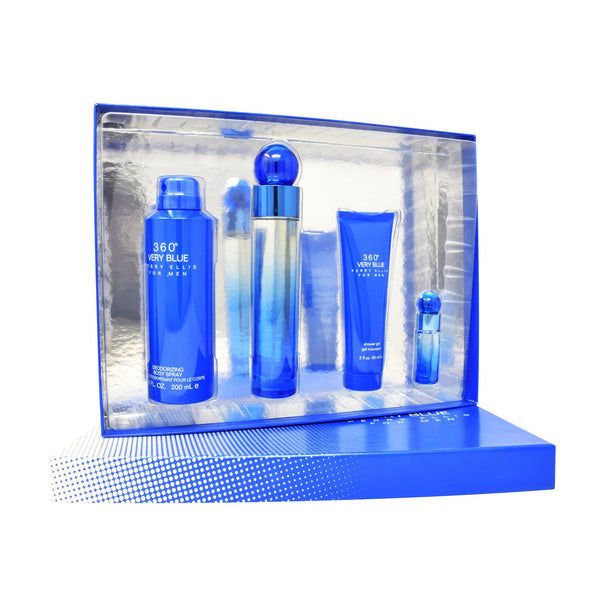 Set Perry Ellis 360° Very Blue 4Pzs 100ml EDT Spray/ Shower Gel 90ml/ Desodorante 200ml Spray/ 7.5ml EDT Spray