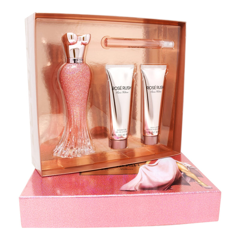 Set  Paris Hilton Rose Rush 4 Pzs 100ml EDP Spray/ Body Lotion 90ml/ Shower Gel 90ml/10ml EDP Spray