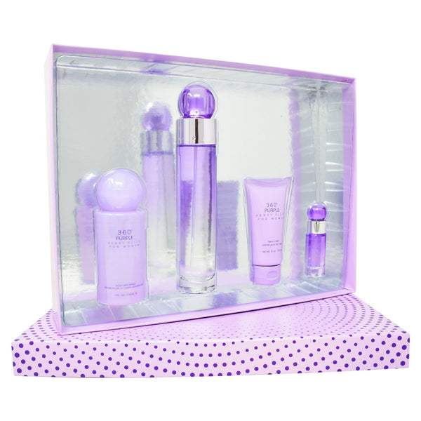 Set Perry Ellis 360° Purple 4Pzs 100ml EDP Spray/ Crema Para Las Manos 57G/ Body Mist 118ml Spray/ 7.5ml EDP Spray