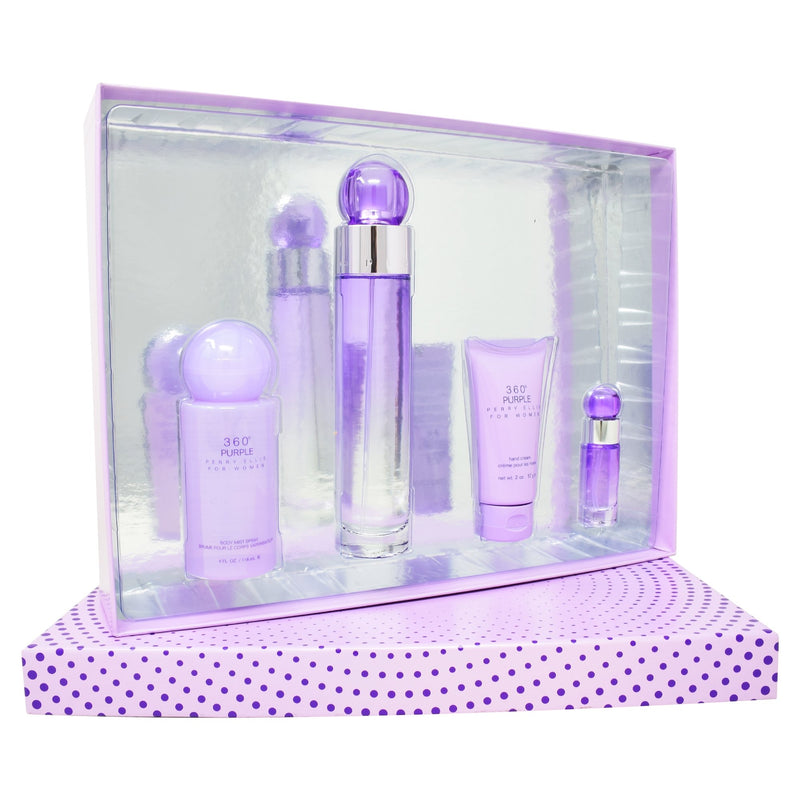 Set Perry Ellis 360° Purple 4Pzs 100ml EDP Spray/ Crema Para Las Manos 57G/ Body Mist 118ml Spray/ 7.5ml EDP Spray