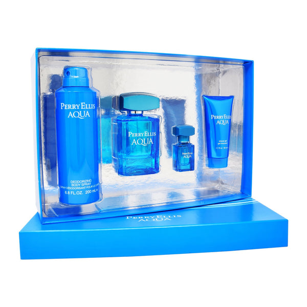 Set  Perry Ellis Aqua 4Pzs 100ml EDT Spray/ Shower Gel 50ml/ Desodorante 200ml Spray/ 7.5ml EDT Spray