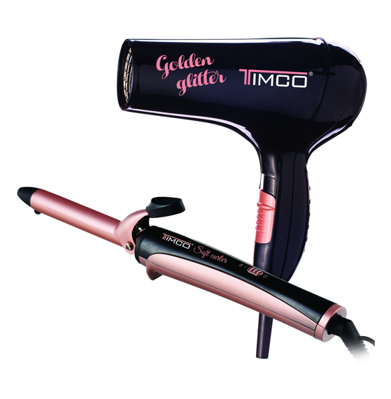 TIMCO Kit Secadora y Tenaza Rizadora Cerámica - Keratina Negro con Rosa Envío Gratis a Todo México