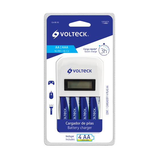 Volteck Cargador de Pilas AA, AAA 46046, incluye 4 Pilas AA Blanco Envío Gratis a Todo México