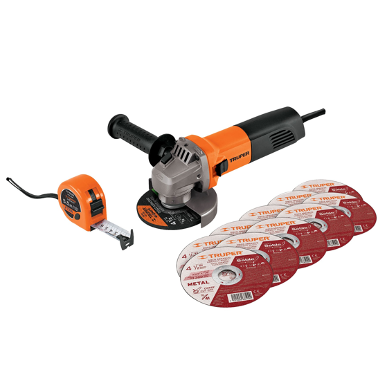 Truper Combo Esmeriladora 4-1/2" 700 W, 10 Discos y Flexómetro COMBOE-4-1/2A12 Naranja con Negro Envío Gratis a Todo México