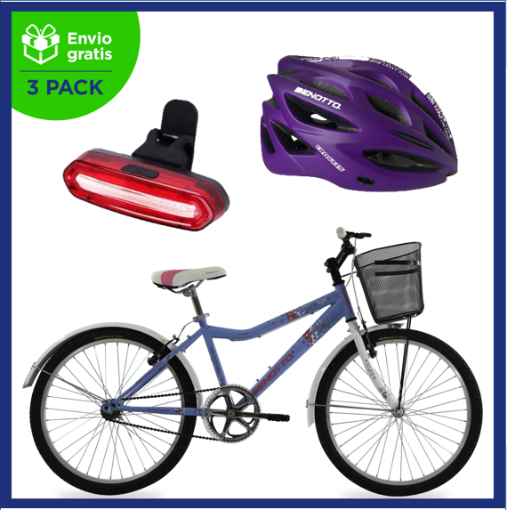 Benotto Kit para Mujer Bicicleta de Montaña KYRA R24 1V. Mujer Frenos ”V” Acero Azul/Blanco + Casco CROSTIS Morado + Luz Trasera USB Azul Envío Gratis a Todo México