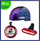 Benotto Kit para Niña Casco C-PREME FEATHER FLIP Morado + Timbre  ”I Love My BENOTTO” Rojo + Luz Trasera USB Azul Envío Gratis a Todo México