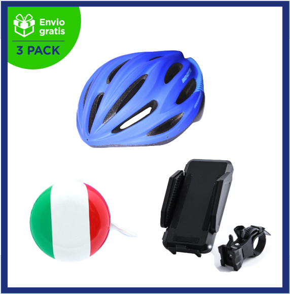 Benotto Kit para Hombre Casco Ruta HW-1 TOURMALET Azul + Soporte Smartphone Negro + Timbre Tricolor Verde/Blanco/Rojo Envío Gratis a Todo México