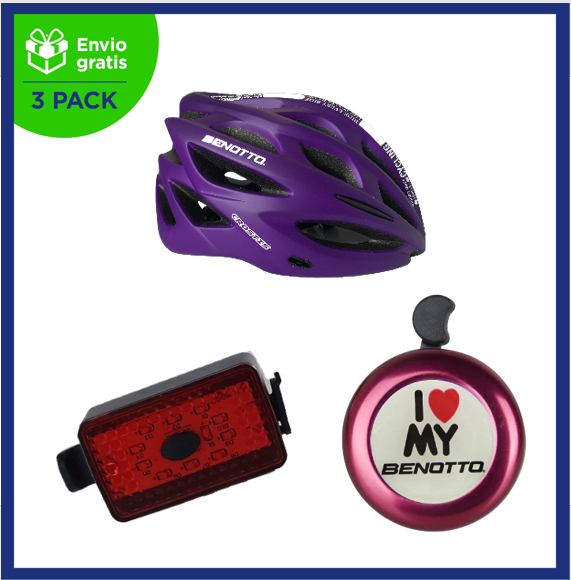 Benotto Kit Casco Ruta MV50 CROSTIS Morado/Blanco + Timbre ”I Love My BENOTTO” Rojo + Luz trasera USB Roja Envío Gratis a Todo México