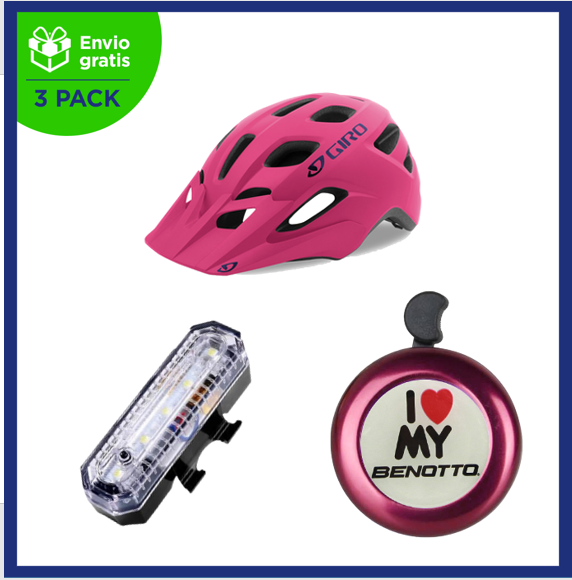 Benotto Kit Casco GIRO Montaña TREMOR Rosa + Timbre ”I Love My BENOTTO” Rojo + Luz Trasera USB Blanca Envío Gratis a Todo México