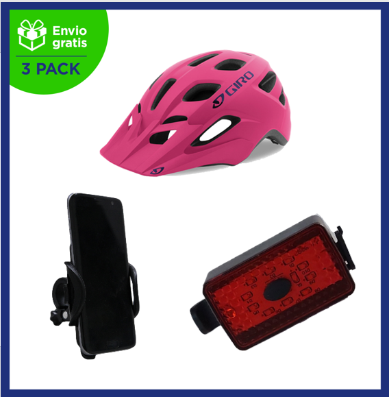 Benotto Kit Casco GIRO Montaña TREMOR Rosa + Soporte Smartphone Urbano Universal JY-530 Negro + Luz Trasera USB Roja Envío Gratis a Todo México