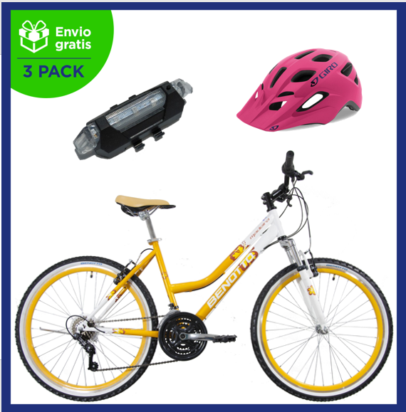Benotto Kit Bicicleta para Mujer MADEIRA R26 21V FS Sunrace Frenos ”V” Acero Naranja + Casco GIRO Montaña Rosa + Luz Trasera USB Roja Envío Gratis a Todo México
