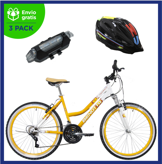 Benotto Kit Bicicleta para Mujer MADEIRA R26 21V FS Sunrace Frenos ”V” Acero Naranja + Casco Benotto Montaña HW-1 Negro + Luz Trasera USB Roja Envío Gratis a Todo México
