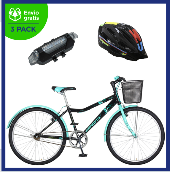Benotto Kit Bicicleta para Mujer KYRA R26 1V. FS Sunrace Frenos ”V” Negro Aqua + Casco Benotto Montaña HW-1 Negro + Luz Trasera USB Roja Envío Gratis a Todo México