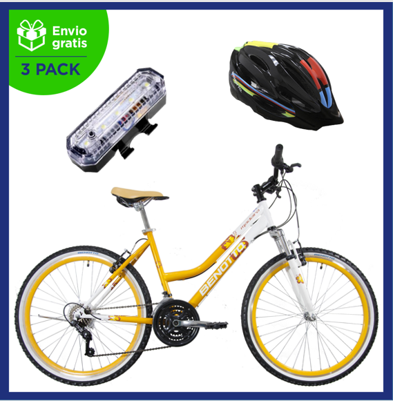 Benotto Kit Bicicleta para Mujer MADEIRA R26 21V FS Sunrace Frenos ”V” Acero Naranja + Casco Benotto Montaña HW-1 Negro + Luz Trasera USB JH818B Roja Envío Gratis a Todo México