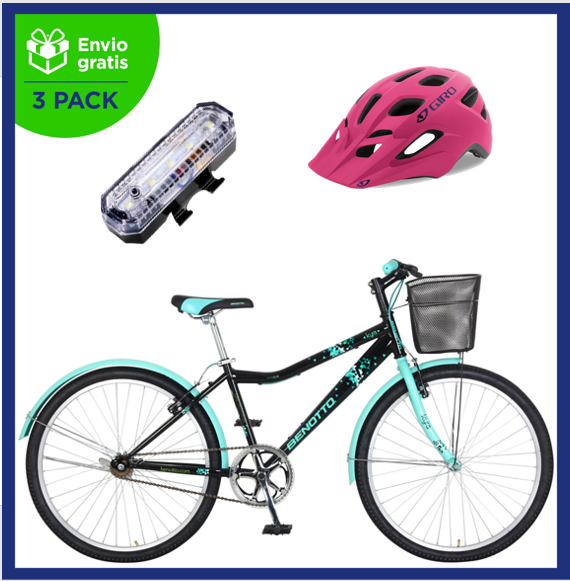 Benotto Kit Bicicleta para Mujer KYRA R26 1V F "V" Negro Aqua + Casco Benotto Montaña GIRO Rosa + Luz Trasera USB JH818B Blanca Envío Gratis a Todo México