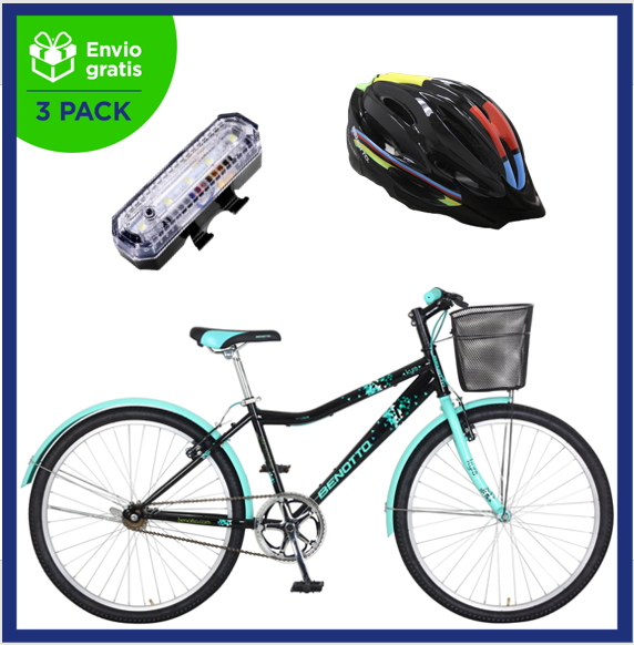 Benotto Kit Bicicleta para Mujer KYRA R26 V1 Negro Aqua + Casco Benotto Montaña HW-1 Negro + Luz Trasera USB JH818B Blanca Envío Gratis a Todo México