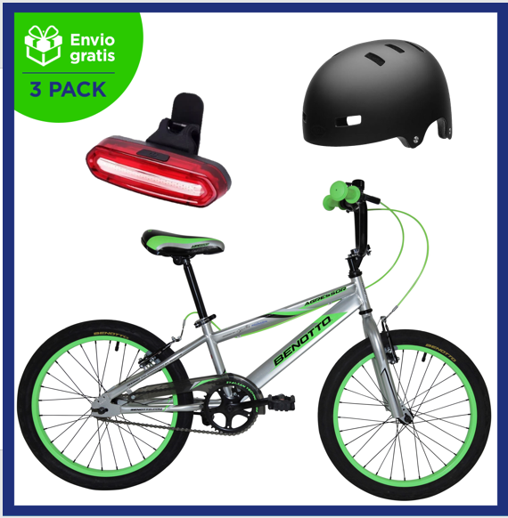 Benotto Kit para Niño Bicicleta Cross Agressor R20 1V + Casco Bell BMX Local + Luz Trasera USB Azul Envío Gratis a Todo México