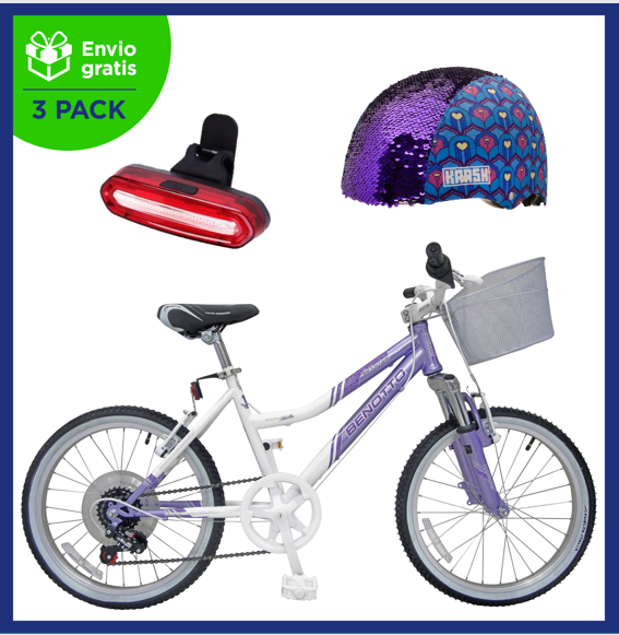 Benotto Kit para Niña Bicicleta de Montaña SKYSTAR R20 + Casco C-Preme Feather Flip + Luz Trasera USB Rosa Envío Gratis a Todo México
