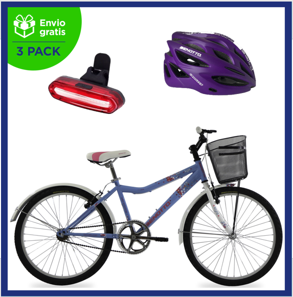 Benotto Kit para Mujer Bicicleta de Montaña KYRA R24 1V. Mujer Frenos ”V” Acero Azul/Blanco + Casco CROSTIS Morado + Luz Trasera USB Rosa Envío Gratis a Todo México