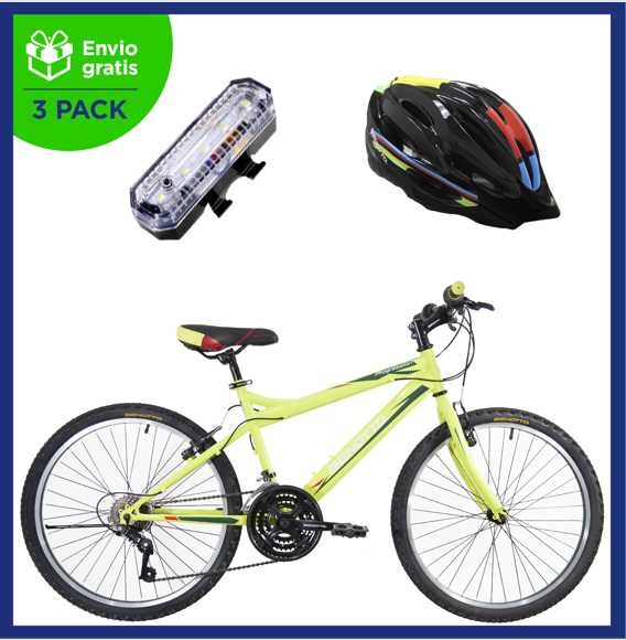 Benotto Kit Bicicleta para Hombre PROGRESSION R24 21V. Frenos ”V” Acero Verde Limón + Casco BENOTTO Montaña HW-1 Negro + Luz Trasera USB Blanca Envío Gratis a Todo México