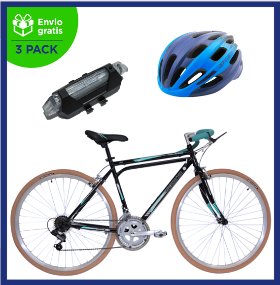 Benotto Kit para Hombre SUPER TURISMO R28 12V. Freno Horquilla Acero Negro/Aqua + Casco GIRO Ruta ISODE Azul + Luz Trasera USB Azul Envío Gratis a Todo México