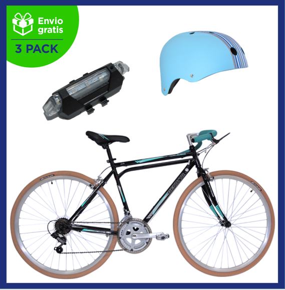 Benotto Kit Bicicleta para Hombre SUPER TURISMO R28 12V. Freno Horquilla, Acero Negro/Aqua + Casco BENOTTO BMX MTV12 Azul Matte Rayado + Luz Trasera USB Azul Envío Gratis a Todo México