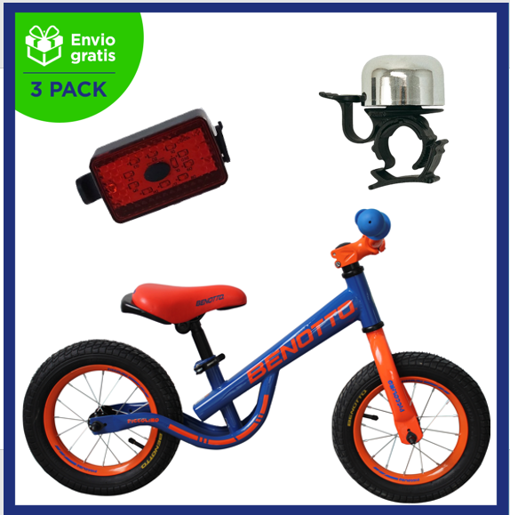 Benotto Kit Bicicleta Entrenadora para Niño PICCOLINO R12 Azul/Naranja + Timbre Zefal Piing Aluminio Plata 1060B + Luz Trasera USB Roja Envío Gratis a Todo México