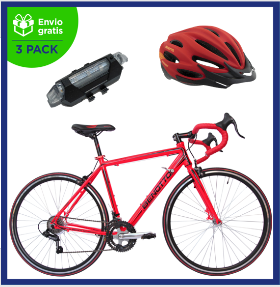 Benotto Kit Bicicleta Unisex Ruta 570 R700 14V. Shimano TY18 Frenos Carrera Aluminio Rojo Neón Talla 54 + Casco BENOTTO Ruta HW-1 TOURMALET Rojo + Luz Trasera USB Roja Envío Gratis a Todo México