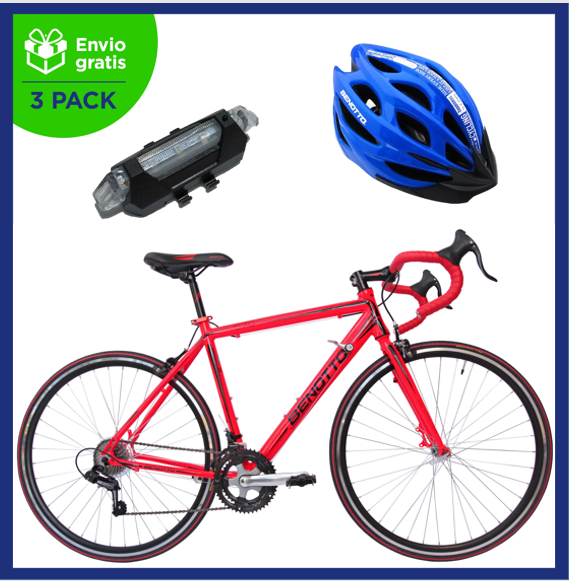 Benotto Kit Bicicleta Unisex Ruta 570 R700 14V. Shimano TY18 Frenos Carrera Aluminio Rojo Neón Talla 51 + Casco  BENOTTO Montaña MV50 Azul / Blanco + Luz Trasera USB Azul Envío Gratis a Todo México