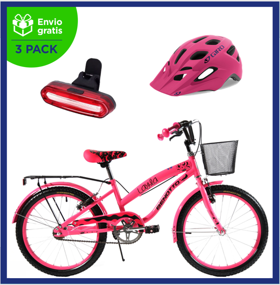 Benotto Kit Bicicleta para Niña Cross LAYLA R20 1V. Frenos ”V” con Canastilla Acero Rosa Neón + Casco GIRO Montaña TREMOR Rosa + Luz Trasera USB Rosa Envío Gratis a Todo México