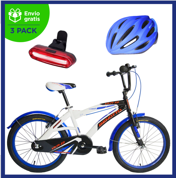 Benotto Kit Bicicleta para Niño Cross VKR-13 R20 1V. Frenos ”V” Acero Negro/Blanco/Azul + Casco BENOTTO Ruta HW-1 TOURMALET Azul + Luz Trasera USB Azul Envío Gratis a Todo México
