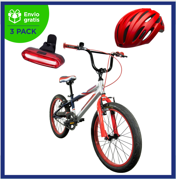 Benotto Kit Bicicleta para Niño Cross AGRESSOR R20 1V. Frenos ”V” Acero Azul Marino/Rojo Neon + Casco BELL Sport AVENUE Rojo/Negro + Luz Trasera USB Roja Envío Gratis a Todo México