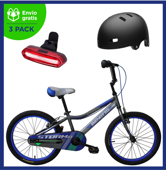 Benotto Kit Bicicleta para Niño Cross STORMAX R20 1V. Niño Frenos ”V” Acero Gris + Casco BELL BMX LOCAL Negro + Luz Trasera USB Azul Envío Gratis a Todo México