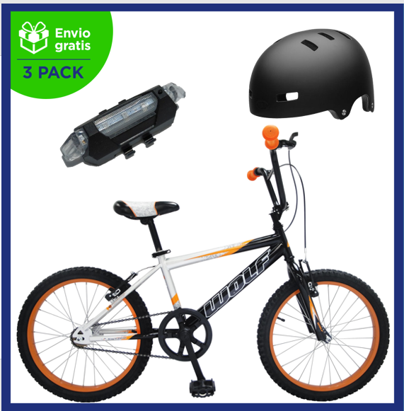 Benotto Kit Bicicleta para Niño WOLF Cross R20 1V. Niño Frenos ”V” Acero Negro/Plata + Casco BELL BMX LOCAL Negro + Luz Trasera USB Roja Envío Gratis a Todo México