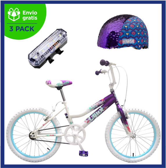 Benotto Kit Bicicleta para Niña LYNX Cross R20 1V. Niña Frenos ”V” Acero Morado/Blanco + Casco C-PREME FEATHER FLIP Morado + Luz Trasera USB Blanca Envío Gratis a Todo México