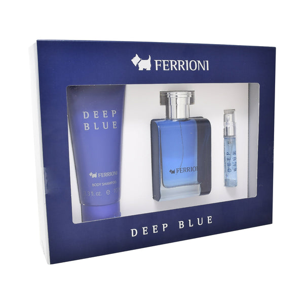 Ferrioni Set para Caballero Deep Blue 3 Piezas Fragancia 100 ml EDT Spray/ Body Shampoo 100 ml/ Fragancia 6 ml EDT Spray